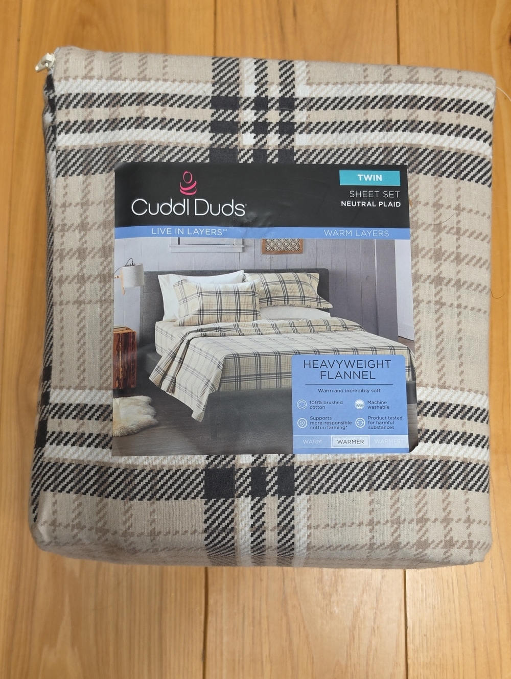 Cuddl Duds Twin Heavyweight Flannel Sheet Set - Neutral Plaid